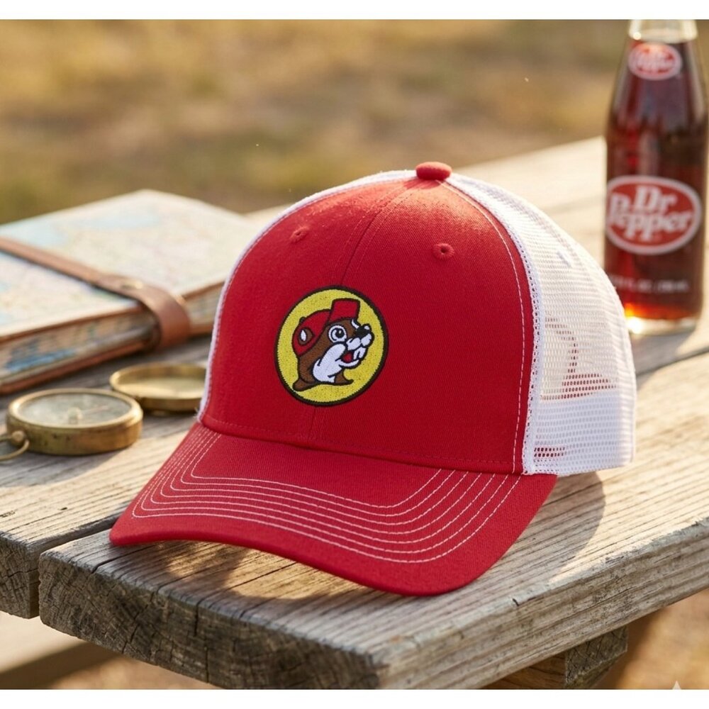 Buc-ees Red & White Trucker Hat With Embroidered Logo Snapback Adjustable Mesh B